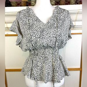 Papaya Black and White Flutter Sleeve Peplum Blouse tie neck